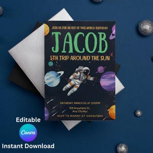 Weltraum-Geburtstagseinladung | Bearbeitbare Canva Vorlage | Galaxy-Themaparty für Jungen | Rakete Astronaut druckbare einladen