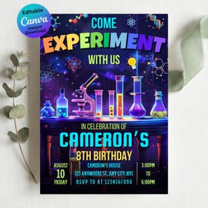 Modelo de convite de aniversário Mad Science | Convite para festa científica para impressão | Download digital editável | Aniversário infantil com experimento científico