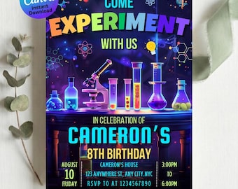 Mad Science Birthday Invitation Template, Printable Science Party Invite, Editable Digital Download, Science Experiment Kids Birthday