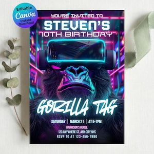May include: A digital invitation for Steven's 10th birthday, featuring a gorilla wearing VR goggles. The design includes neon blue and pink accents, with the text "GORILLA TAG" and event details. Includes "Editable Canva Instant Download" text.