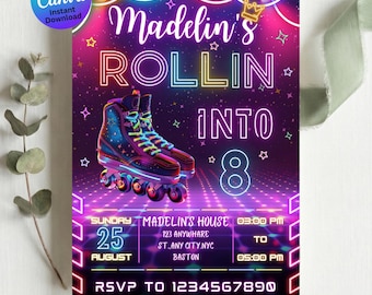 Editable Roller Skating Birthday Invitation, Retro Skate Party Invite Template, Instant Digital Download