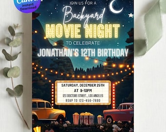 Backyard Movie Night Birthday Invitation Template, Editable Outdoor Party Invite Printable, Kids Digital Download