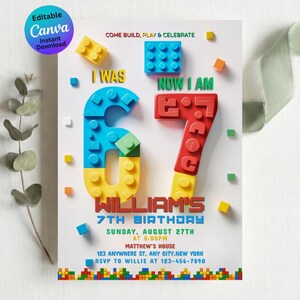 Invitación de cumpleaños con temática de bloques de construcción, plantilla editable de Canva para niños con temática de ladrillos.
