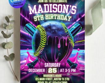 Neon Baseball Birthday Invitation | Editable Sports Party Invite Template | Printable Kids Birthday Digital Download
