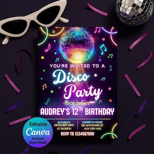 Neon Disco Birthday Invitation | Editable Dance Party Invite Template | Instant Digital Download