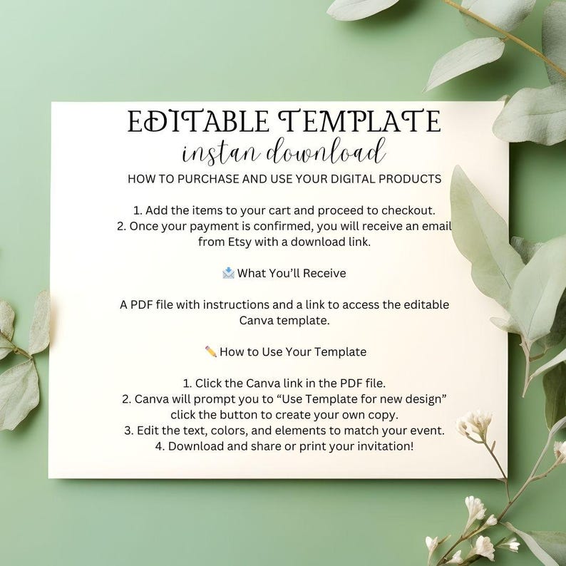 May include: A white card with the text "EDITABLE TEMPLATE instant download" and instructions on how to purchase and use digital products. The card includes steps for downloading and using a Canva template. Green leaves are in the background.