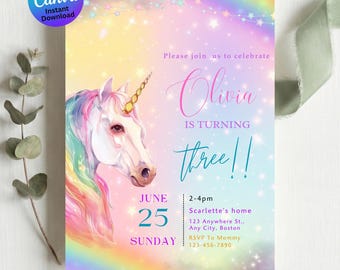 Unicorn Birthday Invitation Template, Editable Magical Party Invite Printable, Kids Digital Download
