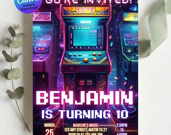 Arcade Birthday Invitation Template | Editable Retro Gaming Party Invite Printable | Kids Digital Download