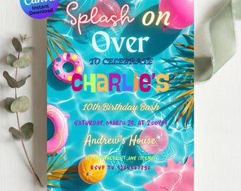 Splash Pad Birthday Invitation Template, Editable Water Party Invite Printable, Kids Digital Download