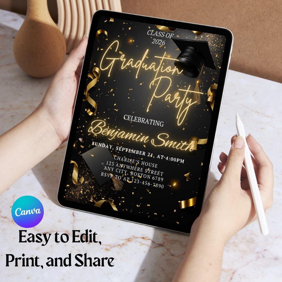 Graduation Party Invitation, Black and Gold Grad Party, Editable Canva ...