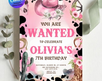 Plantilla de invitación de cumpleaños de vaquera / Invitación editable para fiesta del Oeste (imprimible) / Descarga digital para niños