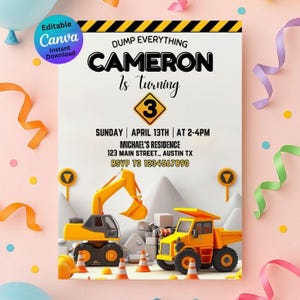 Construction Birthday Invitation | Editable Boys Party Invite | Dump Truck, Excavator, Digger Theme | Instant Download Template