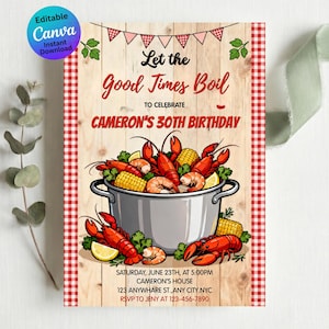 May include: A rectangular invitation card with a light wood grain background and red gingham borders. It features a large silver pot filled with crawfish, prawns, corn, and lemon wedges. Text reads: Let the Good Times Boil to celebrate Cameron's 30th birthday.
