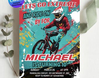 Extreme BMX Birthday Invitation Template, Editable Bike Rider Party Invite Printable, Kids Digital Download