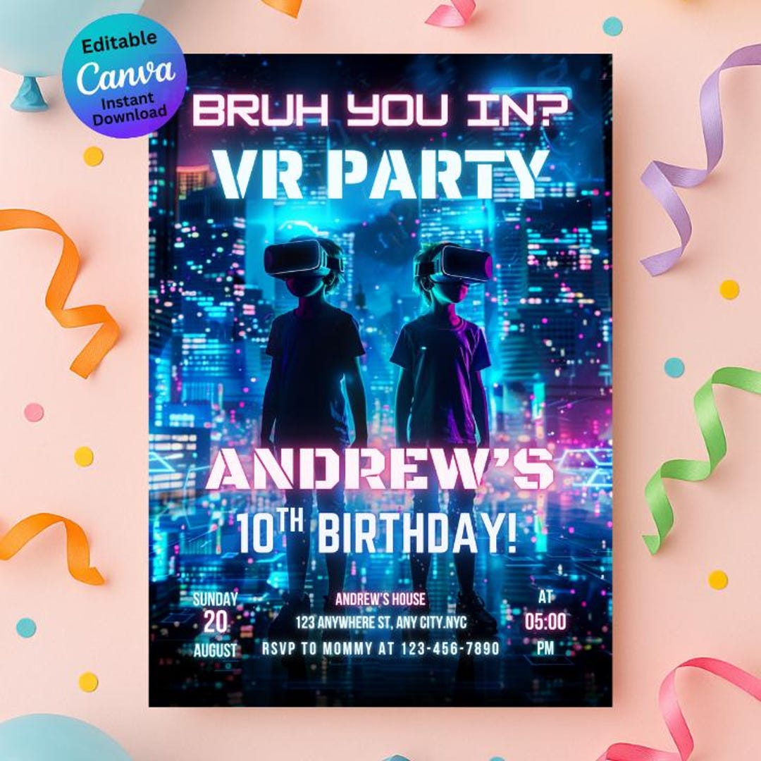 Editable VR Party Birthday Invitation Template, Virtual Reality Gaming ...
