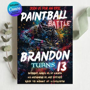 Invito di compleanno a tema paintball, modello modificabile per feste a tema giochi, tema paintball stampabile, download immediato da Canva