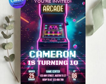 Arcade Birthday Party Invitation, Editable Canva Template, Retro Game Party Invite, Digital Download