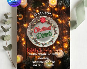 May include: A Christmas dinner invitation card featuring a white plate graphic surrounded by a wreath of pine needles, red berries, and gold stars. The text reads JOIN US FOR A Christmas DINNER, Hosted by the Jackson Family, SATURDAY, DECEMBER 25, AT 7:00 PM, JACKSON'S HOUSE, 123 MAIN STREET, AUSTIN TX 4567, RSVP TO 1234567890.