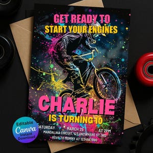 Faire-part d'anniversaire de vélo BMX - Fête de sports extrêmes pour garçons modifiable et imprimable - Modèle à téléchargement immédiat