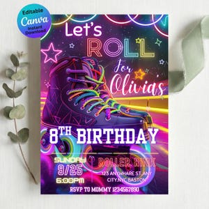 ネオンローラースケートパーティー招待状テンプレート | 編集可能な光るスケート誕生日招待状印刷可能 | 子供向けデジタルダウンロード