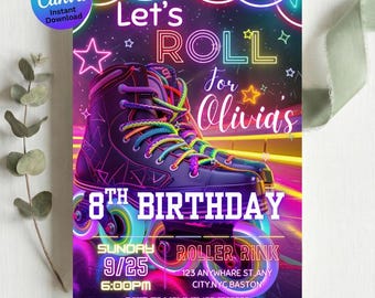 Neon Roller Skating Party Invitation Template | Editable Glow Skate Birthday Invite Printable | Kids Digital Download