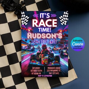 Plantilla de invitación de cumpleaños de karts editable / Invitación imprimible para fiesta infantil / Invitación de descarga digital para fiesta de niño / Descarga instantánea