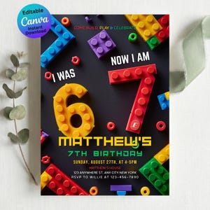 Six Seven Building Blocks Invitation, I Was 6 Now I Am 7 Invite, Boys Brick Party Editable Canva Template, Colorful Toy Block