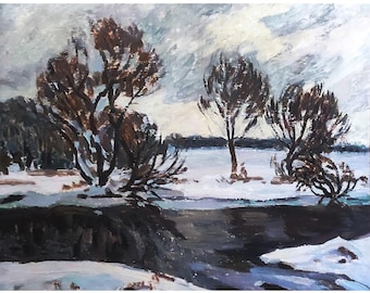 Dipinto ad olio originale antico dell'artista ucraino A.Solodovnikov Disgelo invernale, fiume innevato, paesaggio impressionista, decorazioni invernali, riflesso