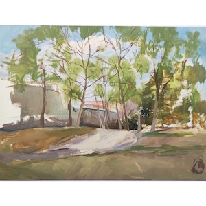 Original painting early spring by Ukrainian artist K. Zaruba, 1960s, Light and tender landscape, Young greenery art, Plein Air Painting