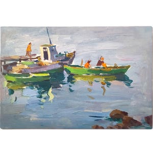 Original Seaside Oil Painting mid 20th century by Ukrainian artist V.Pirogov, Seascape. Sea view, Fishing boats art, Gift Sea Lover, Bay art