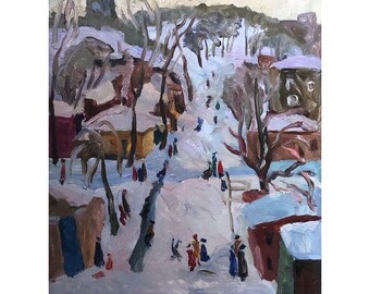 子供たちと冬の風景 オリジナル油絵 ロシアの風景 冬の印象派の風景 雪