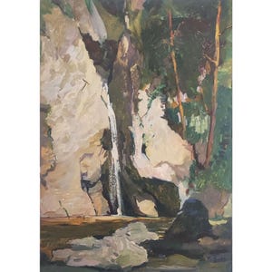 Pintura al óleo original Cascada en las montañas del artista ucraniano K.Zaruba, década de 1960, paisaje natural, río de montaña, bosque, arte original