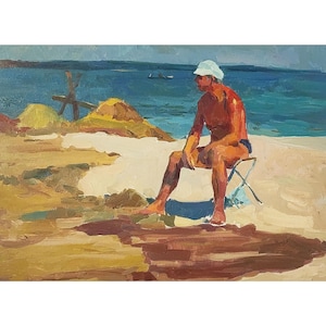 Pintura al óleo original del siglo XX, Figura masculina en la playa del artista ucraniano V. Pirogov, Arte figurativo, Escena costera, Impresionista