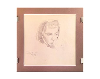 Vintage grafische Skizze in Passepartoutrahmen mit Acryl Ukrainischer Künstler K.Zaruba 1945 Porträt eines Mädchens Figurative Kunst, Bleistiftskizze