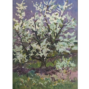 Vintage Original  garden landscape by Ukrainian artist A. Zhezher, nature art, rural view, flowering tree, farmyard, cherry blossom tree