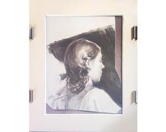 Vintage graphic sketch in a passe-partout frame with acrylic Ukrainian artist N.Zaruba 1945 Portrait of a girl. Figurative art Pencil sketch