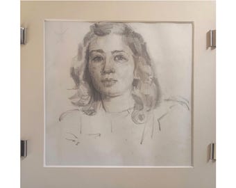 Boceto gráfico vintage en un marco de paspartú con acrílico. Artista ucraniano K. Zaruba, 1945. Retrato de una niña. Arte figurativo, boceto a lápiz.