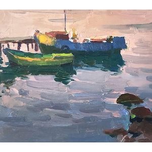Original mid-century oil painting by Ukrain artist V.Pirogov. Seascape. Sea view. Beach painting. Boat painting. Bay drawing. Sea painting
