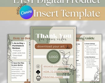 May include: An Etsy digital product insert template with the text "Thank you for your order" and "download your art." The design includes floral line art and instructions for use, printer settings, and a colour disclaimer.