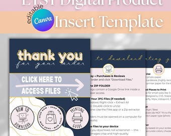 May include: Digital Etsy insert template with a navy blue background and gold accents. The design includes the text "thank you for your order" and instructions for downloading files. Includes Canva logo and icons for download, shopping, and printing.