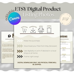 May include: Digital product listing photos for Etsy, featuring a Canva logo. The image includes instructions: purchase, download, print, and frame. Text states, "Digital download only. No physical items will be shipped."