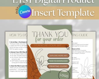 May include: An Etsy digital product insert template with the text "Thank You for your order" and "Download Your Art." The design features a floral illustration and buttons for exploring art, downloading, and printing guides.
