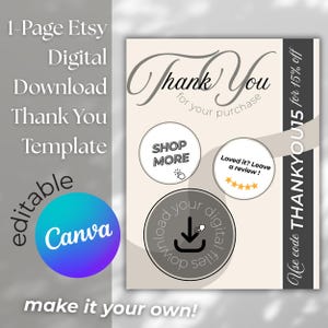 May include: A digital Etsy thank you template with the text "Thank You for your purchase." Includes circular buttons for "Shop More" and "Download your digital files." The template is editable in Canva.