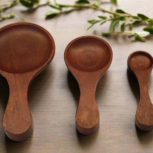 May include: Three wooden measuring spoons of varying sizes. The spoons are made of a dark brown wood with rounded bowls and long, curved handles. The spoons are arranged on a wooden surface with sprigs of greenery.