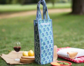 Quilted Block Print Wine Tote – Handmade Reusable Cotton Bottle Bag