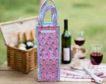 Quilted Block Print Wine Tote Bag: Pink Cotton Reusable