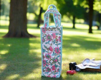 Handmade Quilted Block Print Wine Tote Bag – Floral Cotton Bottle Carrier