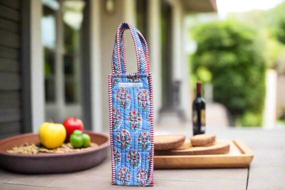 Quilted Block Print Wine Tote Bag – Sky Garden- Reusable, Handmade Hostess Gift- Holiday Gift Bag