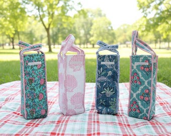 Quilted Block Print Wine Tote – Handmade Reusable Cotton Bottle Bag-Choose your designs