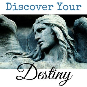 May include: A blue and gray stone sculpture of an angel with wings. The angel has long hair and is looking down. The text "Discover Your Destiny" is above the sculpture.